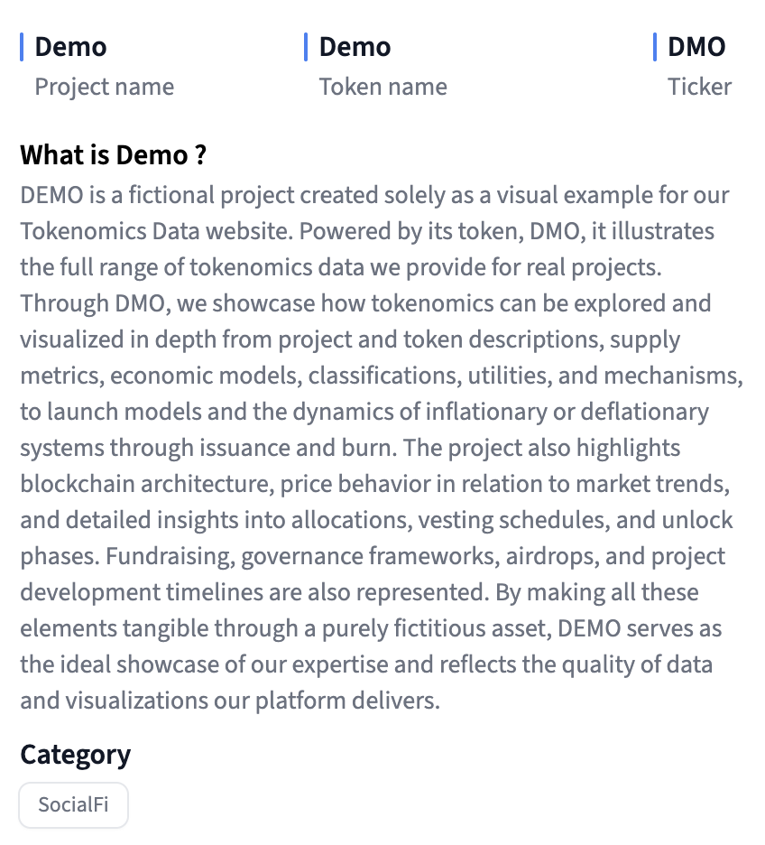 Detailed view of Project description, token name, ticker, rank, categories feature on Tokenomics Data